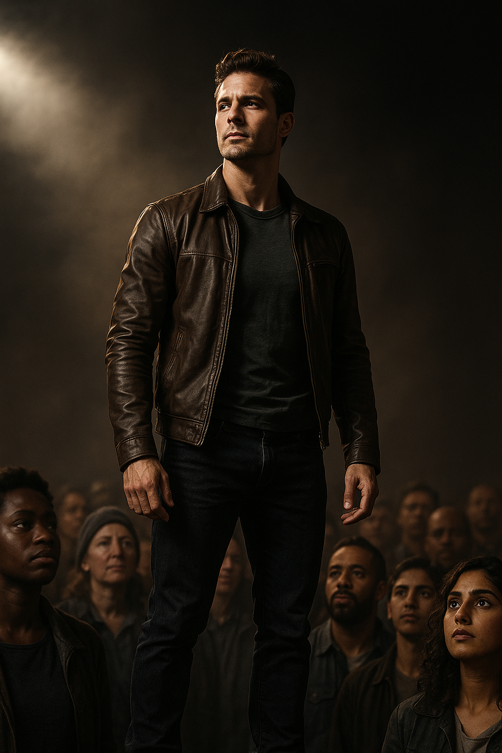 Man in a leather jacket standing in front of a crowd with a dark, dramatic background